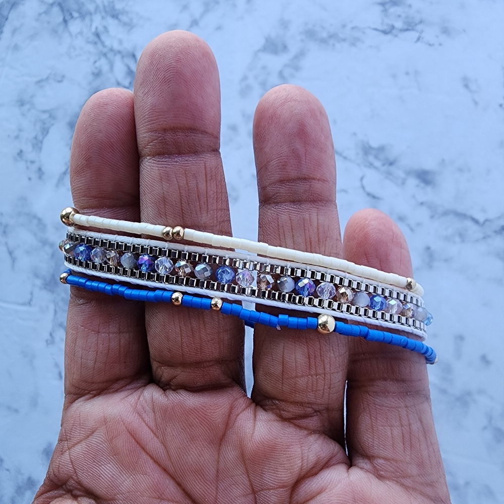 Blue and White Beaded Bracelet Set